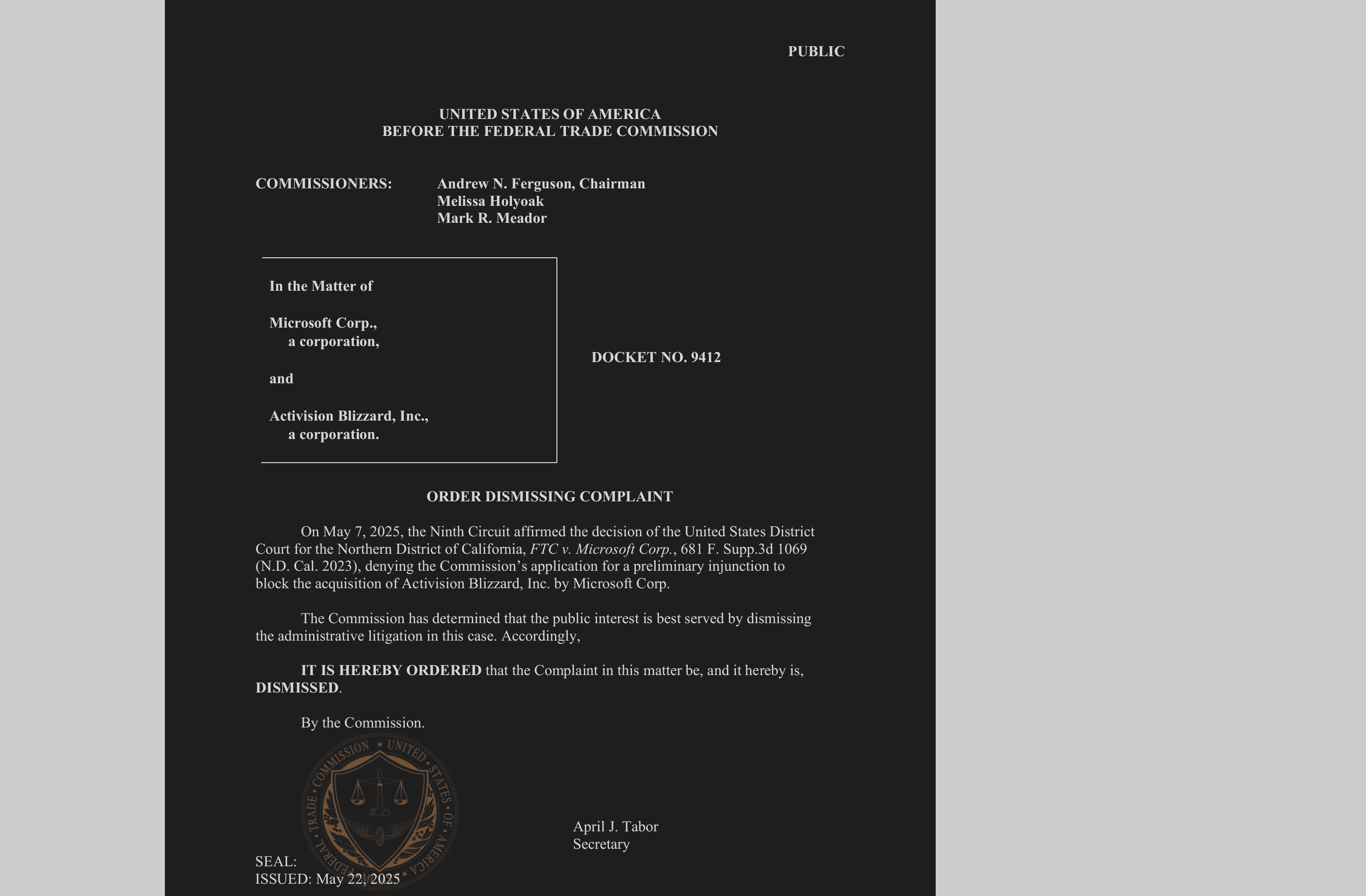 The FTC drops their case against Microsoft's ABK deal